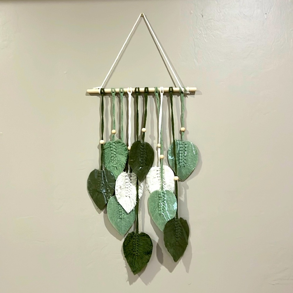Macrame Shades of Green & White Leaves Beaded Wall Hanging Decor